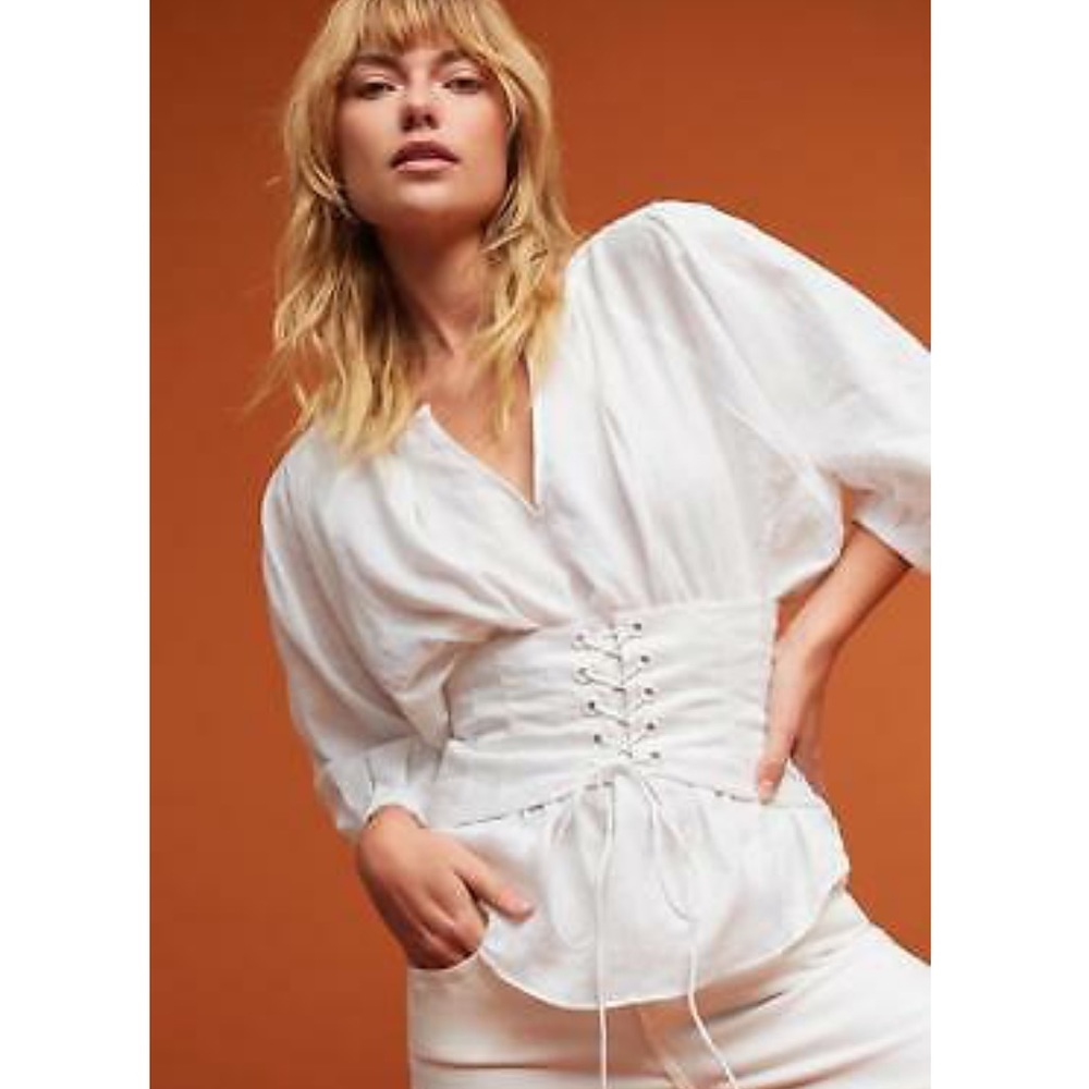 Anthropologie White Linen Corset Blouse